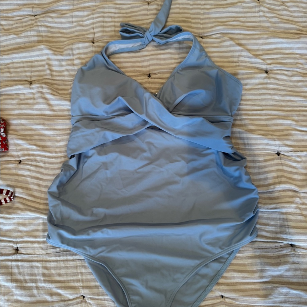 Maternity One Piece Swimsuit with Halter Top and Ruching